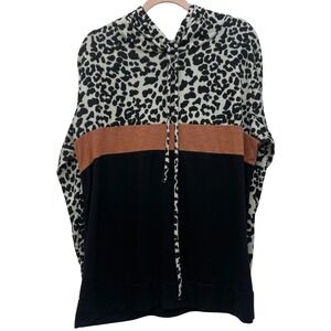 Grace & Emma Leopard Hoodie Tunic Top Womens XL Colorblock Animal Print Shirt